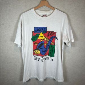 Vintage 90s Mens L White Jazz Zydeco New Orleans Graphic Shirt USA Cotton Tee